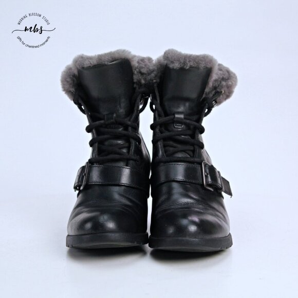 UGG Janney Waterproof Fur Wedge Boots Black Women 5 - Picture 3 of 13